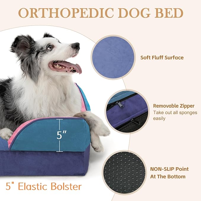 Comfort Expression Orthopedic Dog Bed for Large Dogs 36x27 Inch, Waterproof Egg Crate Foam Large Pet Bed with Removable Bolsters, Dog Couch with Washable Cover & Non-Slip Bottom, Enchanted Cove