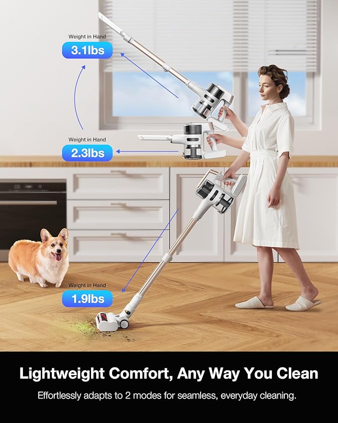 Cordless Stick Vacuum Cleaner for Home, Lightweight Rechargeable Vacuum with 55min Runtime, Powerful Suction, Green LED Headlight, 9-in-1 Pet Hair Carpet & Hardwood Floor Cleaner