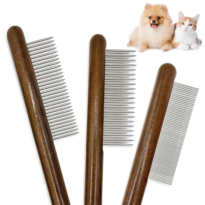 3 Pack Solid Wood Cat Combs, Stainless Steel Teeth for Cat Dog Rabbit Massage, Flea Lice Comb Removes Mats, Tangles and Loose Fur, Grooming Comb for Small Medium Pets