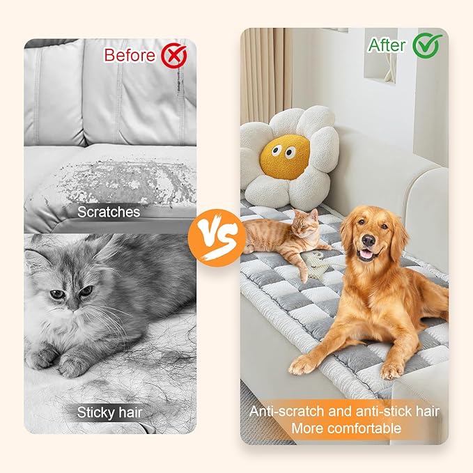 Dog Couch Cover for Washable, Non-Slip Plaid Square Sofa Cushion Protector, Soft, and Multi-Functional Pet Friendly Sofa Cover for Cats Dogs (27.6 x 70.9 inch, Grey)