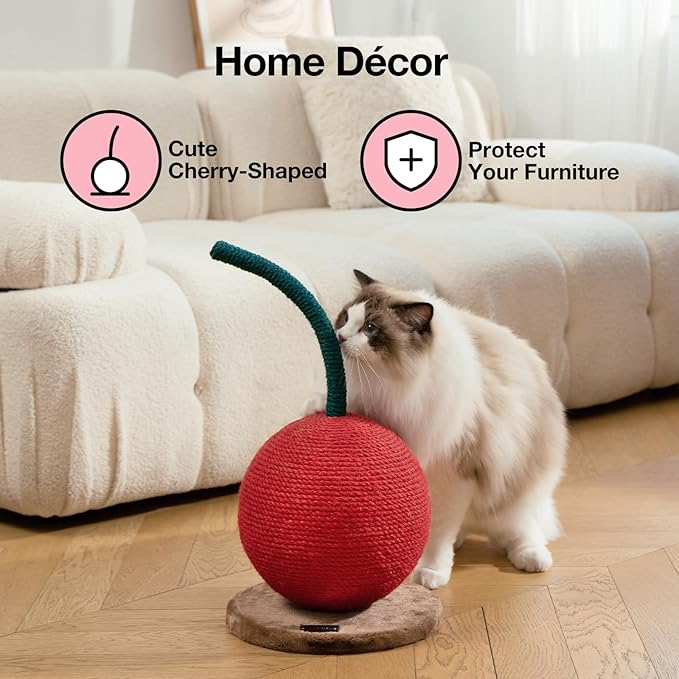 VETRESKA Cherry Cat Scratching Post, 22.64" Tall Cat Scratcher with Sisal Rope Ball, Vertical Cat Scratch Post Claw Scratchers for Indoor Cats, Kitten Supplies