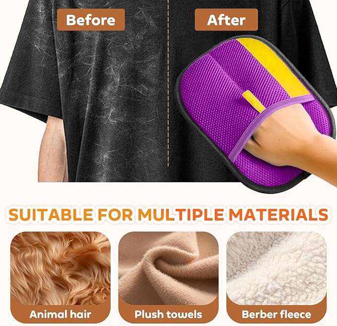 Reusable Pet Hair Remover Gloves – Electrostatic Lint & Fur Removal, Machine Washable Cleaning Gloves for Furniture, Clothes & Car (Purple)