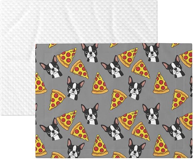 Double Sided Pet Mat for Dog Bed Topper Cat Blanket Furniture Protector, Grey Boston Terrier Dog Pizza, Reversible Plush with Tactile Dot Pattern for Style Change