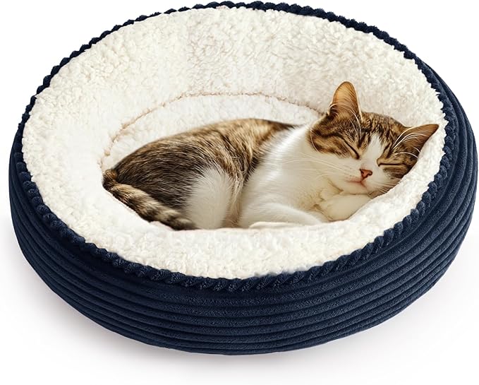 Love's cabin Round Donut Cat and Dog Cushion Bed, 20in Pet Bed for Cats or Small Dogs, Anti-Slip & Water-Resistant Bottom, Super Soft Durable Fabric Pet beds, Washable Luxury Cat Dog Bed Navy Stripe