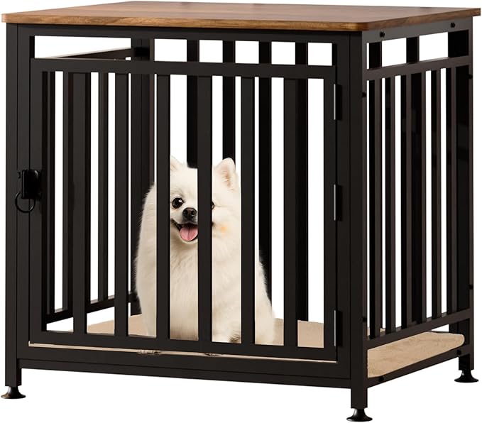 Dog Crate Furniture for Small Dogs, Dog Kennel Indoor, Anti-Chew Anti-Escape with Bed Crate Pad End Side Table Wooden Dog Crate,Steel-Tube Dog Cage, Rustic Brown