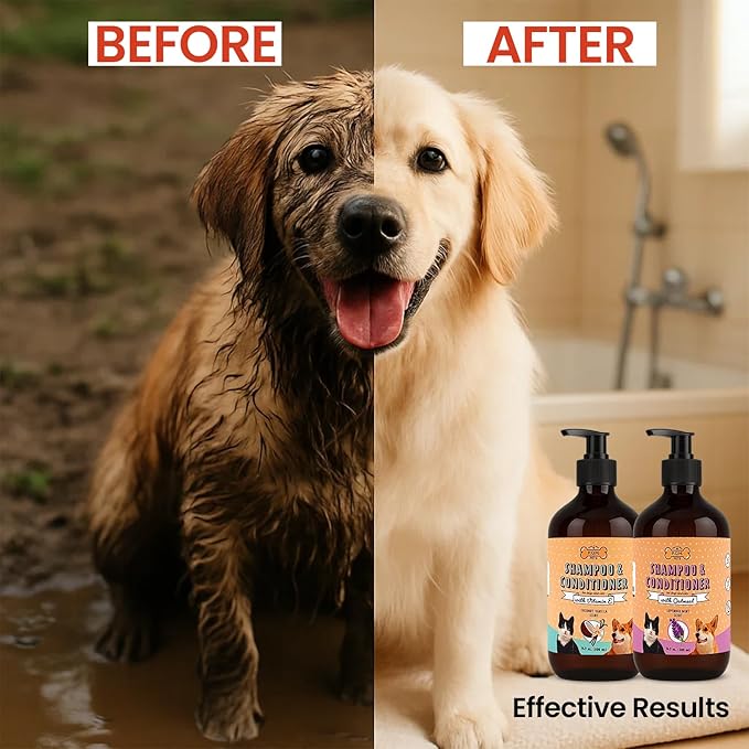 POM Pets 2 Pack 2-in-1 Organic Dog Shampoo & Conditioner – Itchy Skin Relief, Dog Deshedding, Detangles Fur, Cat Shampoo, Paw Cleaner for Dogs, Natural Coat Defense Formula