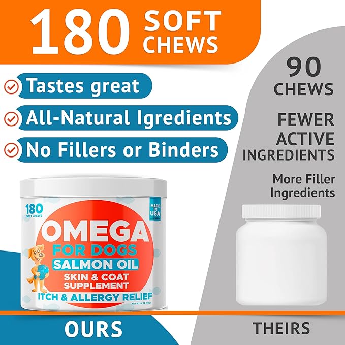 Omega 3 Fish Oil for Dogs Bundle - Skin&Coat Chews - Dry&Itchy Skin Relief + Allergy Support - EPA&DHA Fatty Acids - Natural Salmon Oil Chews Promotes Heart, Hip&Joint Support -360 Chews - Made in USA