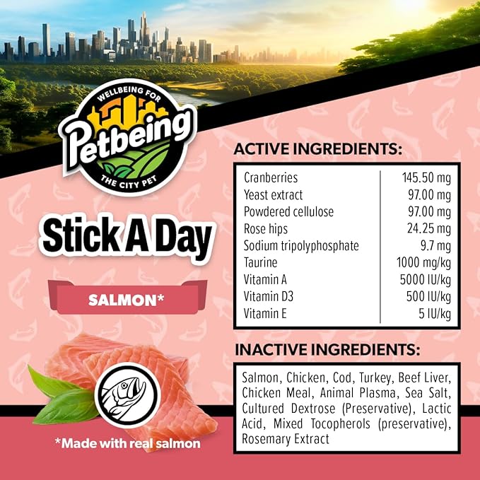 Stick a Day | Specially Formulated 7-in-1 Functions Daily Real Meat Supplement for Cats | Cat Chew Stick & Pet Vitamins Supplements Combination (7-Pack x 4, Salmon)