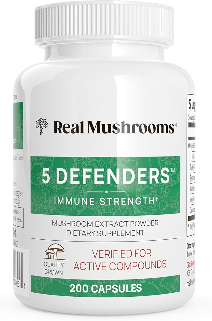 Real Mushrooms 5 Defenders Mushroom Complex – Organic Adaptogenic Mushroom Blend with Chaga, Reishi, Turkey Tail, Maitake & Shiitake for Wellness Support - Mushroom Beta Glucan Capsules - 200 Count