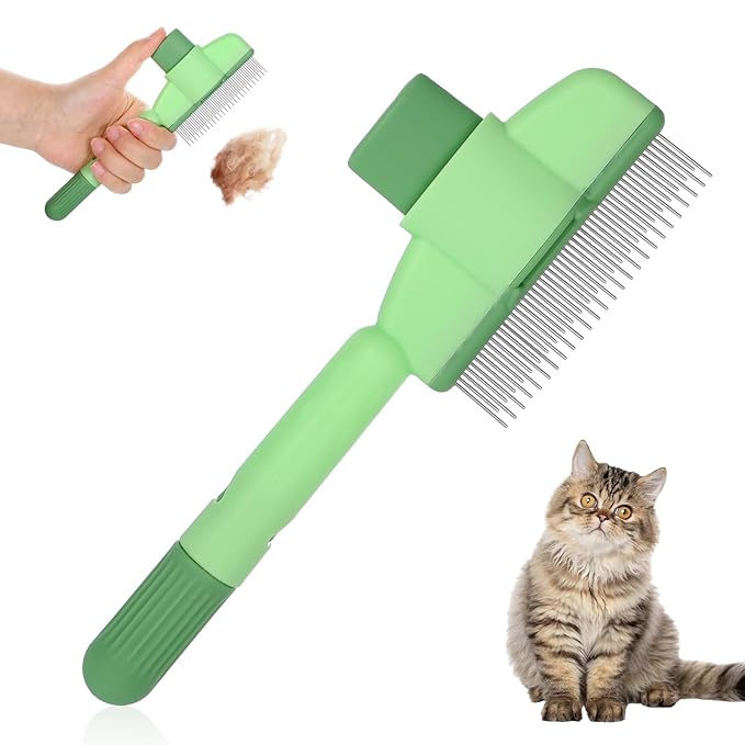 Flea Comb for Cats Dogs Brush for Shedding with Release Button Fine Tooth Pet Hair Removal Comb with Long & Short Stainless Steel Teeth for Deshedding Self-Cleaning Brush for Cat Dog Small Pets