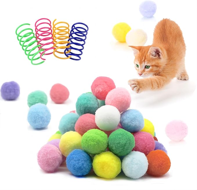 30 Pcs Premium Silent Cat Pom Pom Balls, Interactive Lightweight Assorted Colors Fuzzy Toy Balls (1.2 inches), with 4 Pcs Cat Spring Toy for Indoor Kitten Playing Exercising
