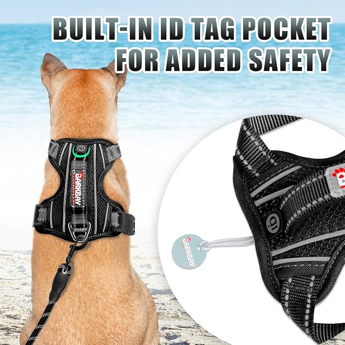 BARKBAY No Pull Dog Harness Large Reflective Dog Harness with Front Clip and Easy Control Handle for Walking Training Running with ID tag Pocket(Black,M)