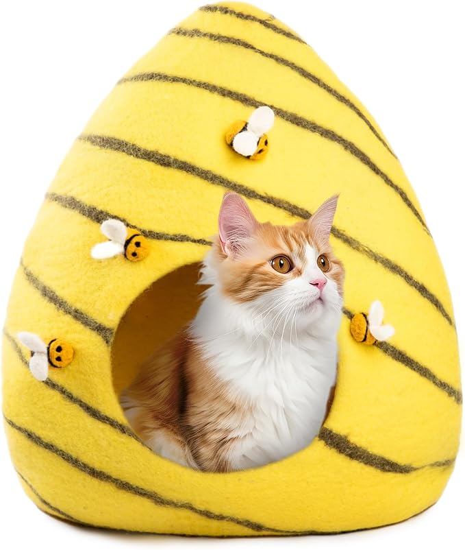 Luxurious Eco-Friendly Merino Wool Cat Cave Bed Beehive - Foldable Hideaway Pod for Indoor Cats - Premium Felt Kitten Beds - Covered Cat House for Ultimate Cozy Comfort by Woolygon