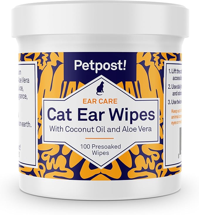 Petpost | Cat Ear Cleaner Wipes - Ultra Soft Cotton Pads in Coconut Oil Solution - Treatment for Removing Cat Ear Dirt & Wax 100 ct.