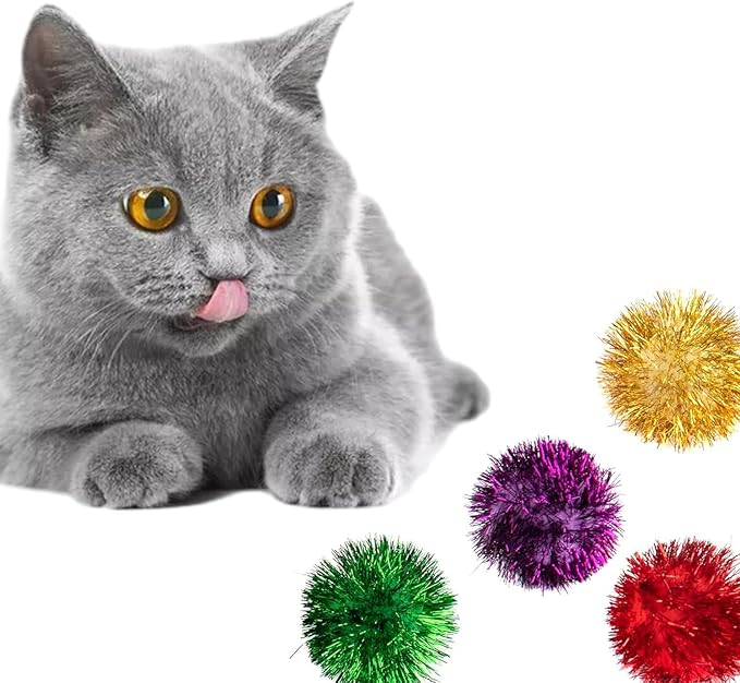 AUEAR, 24 Pack 2 Inch Extra Large Sparkle Cat Ball Glitter Tinsel Pom Pom Balls for Kittens (4 Assorsted Colors)