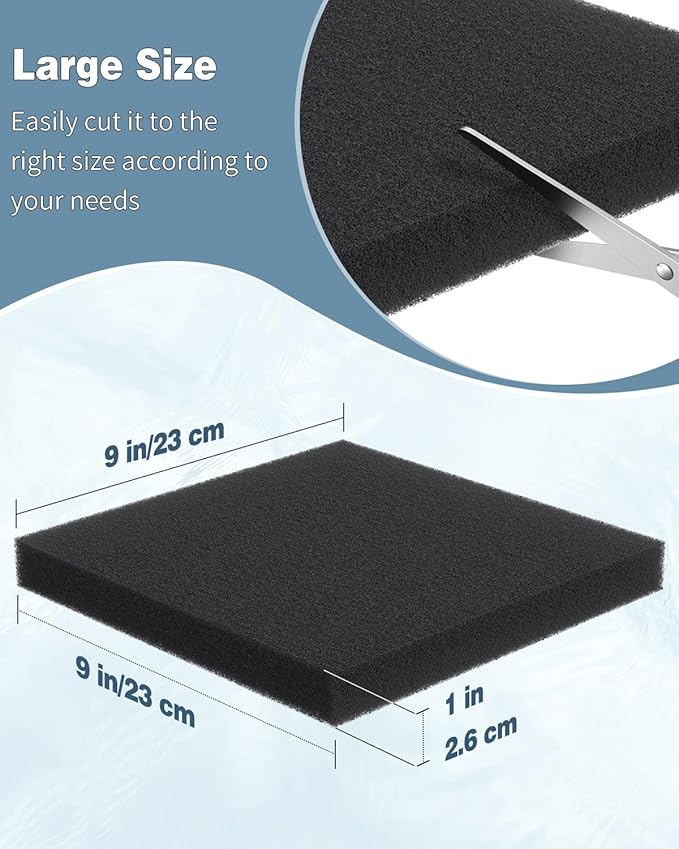 Pawfly 9" L x 9" W Aquarium Filter Media Sponge Aquarium Filter Media Pad for Sumps Ponds Hydroponics Black Foam Floss for Water Filtration, 2 Pack