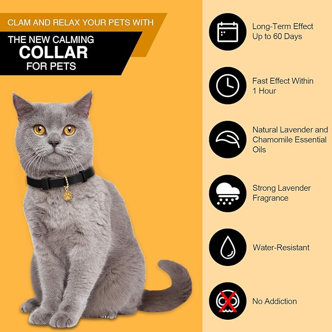 4 Pcs Cat Calming Collar Adjustable Lavender Scent Relaxing Cat Collar with 2 Pendant for Puppies Reduce Stress Aggression Anxious, up to 15 Inches(Black)