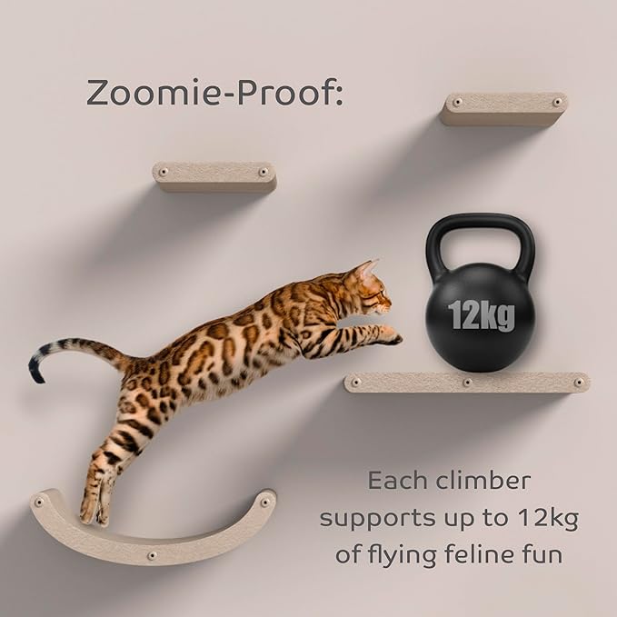 Wall Mounted Cat Steps Short Shelves (2) by Pryde Pets - Stairs for Walkways, 100% Sustainable PET Felt Feline Enrichment Climber Furniture for Indoor Cats, Modern Climbing Gym Design (Oatmeal)
