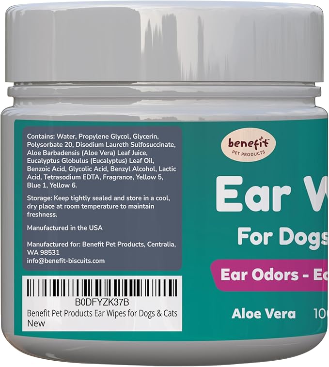 Benefit Pet Products Dog Ear Wipes - Ear Cleaner for Dogs to Prevent Infections, Itching & Odor - Aloe & Eucalyptus, Grooming Wipes - 100 Count