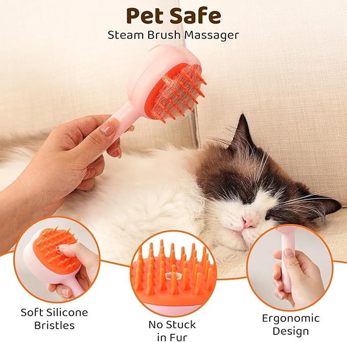 Steam Cat Brush, 6-in-1 Dog Brush Spritz Defur Comb with Pet Waterless Shampoo, Steamy Skin Friendly Deshedding Grooming Tool, Suitable for Shedding & Haired Pets, Pet Supplies Accessories, Pink