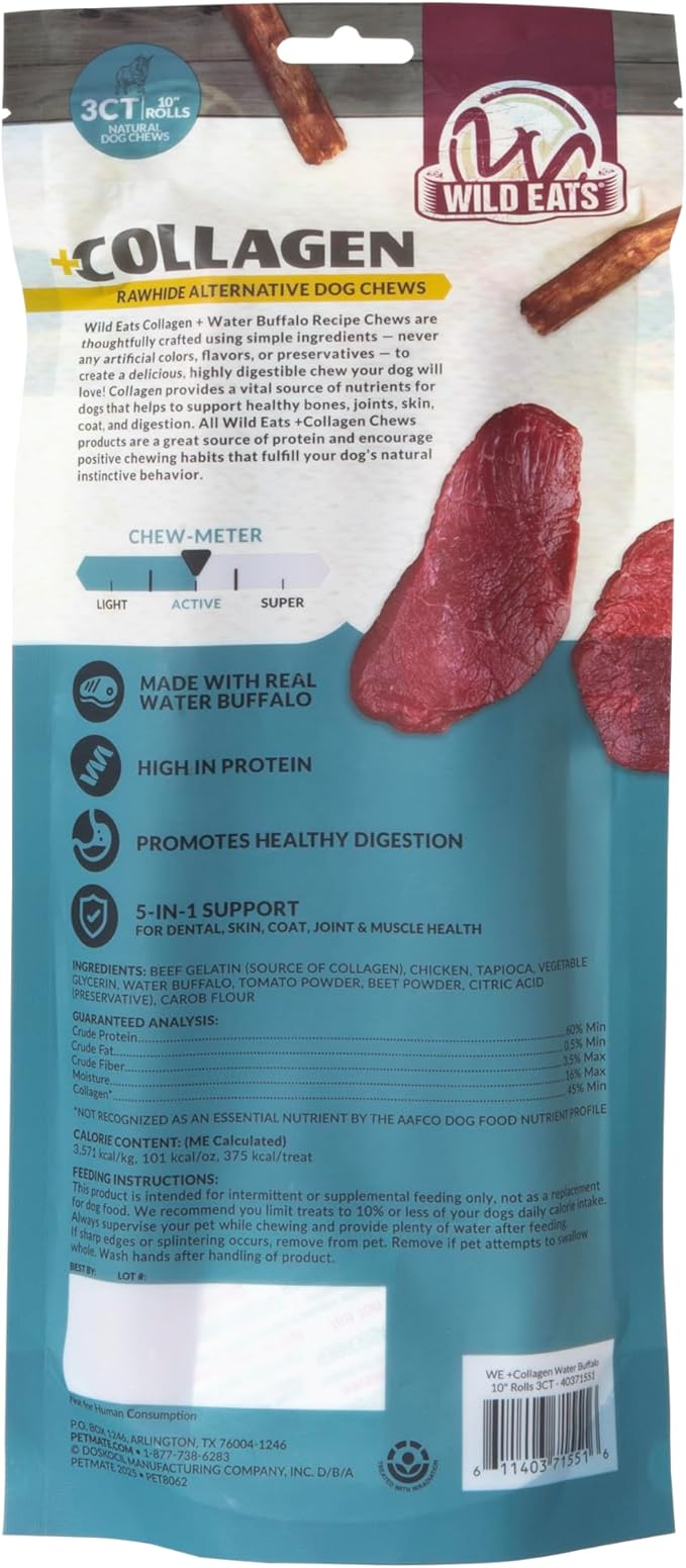 Wild Eats Water Buffalo Flavor Collagen Retriever Style Cheek Rolls 10" Dog Chews-3 Pack (Long Lasting Dog Chews Treats & Bones for Medium Dogs) Substitute for Pig Ears for Dogs