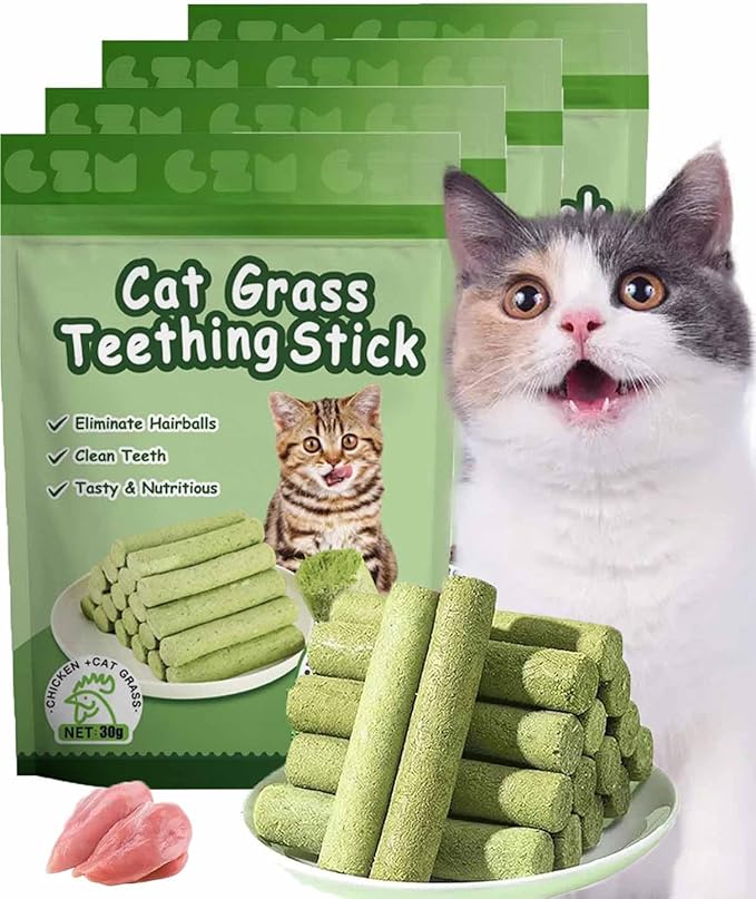 Primeco Cat Grass Teething Stick, Natural Grass Molar Rod Made of Chicken & Cat Grass, 6 PCS Per Bag for Cat Indoor Teeth Cleaning, Hairball Removal, Dental Care, Increase Appetite (4 pcs)