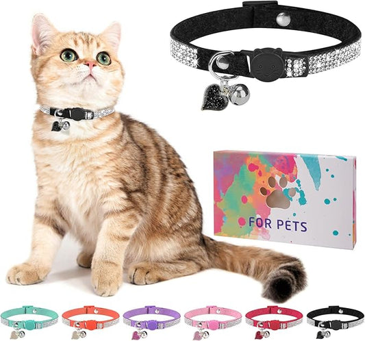 Rhinestone Cat Collar Breakaway with Bell, Diamond Cat Collar with Safety Buckle Quick Release for Girl Boy Small Kitten Pets Puppy,Cute Soft Female Male Cat Collars, Color Black 8-12"
