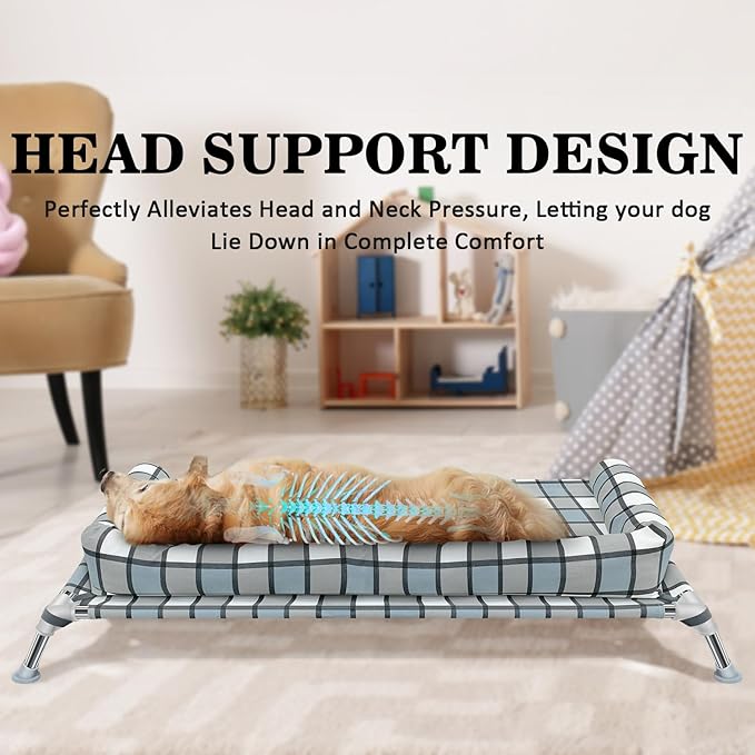 Elevated Raised Dog Bed Cot - Cooling Raised Dog Bed with Bolster Portable Washable Pet Hammock with Pillows & Metal Frame for Indoor & Outdoor, Large