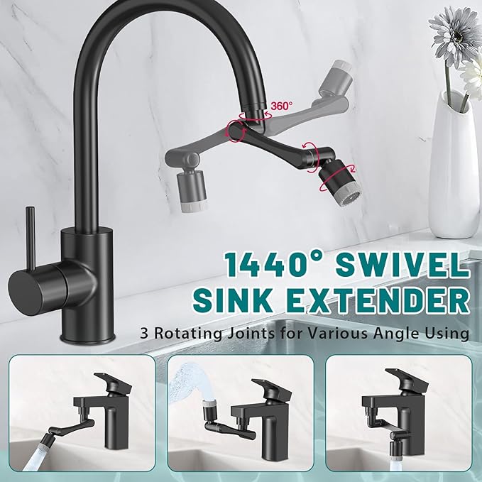 CECEFIN 1440° Rotating-Faucet-Extender Sink Aerator - 1080°+360° Large-Angle Splash Tap Extension with 2 Water Outlet, Swivel Multifunctional Robotic Arm for Kitchen/Bathroom, Black