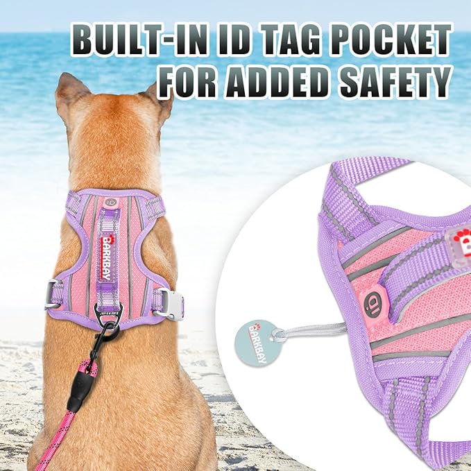 BARKBAY No Pull Dog Harness Large Reflective Dog Harness with Front Clip and Easy Control Handle for Walking Training Running with ID tag Pocket(Baby Pink & Violet Purple,XL)