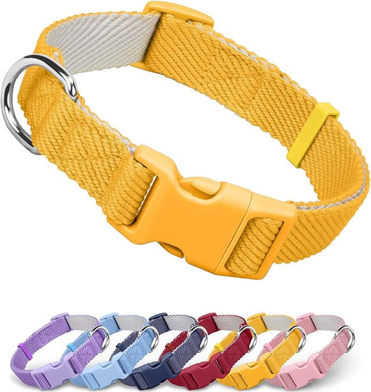 Dynmeow Soft and Breathable Cotton Dog Collar, Durable Adjustable Heavy-Duty Pet Collar with Quick-Release Buckle, Lightweight for Sensitive Skin for Medium and Large Dogs, Yellow, M