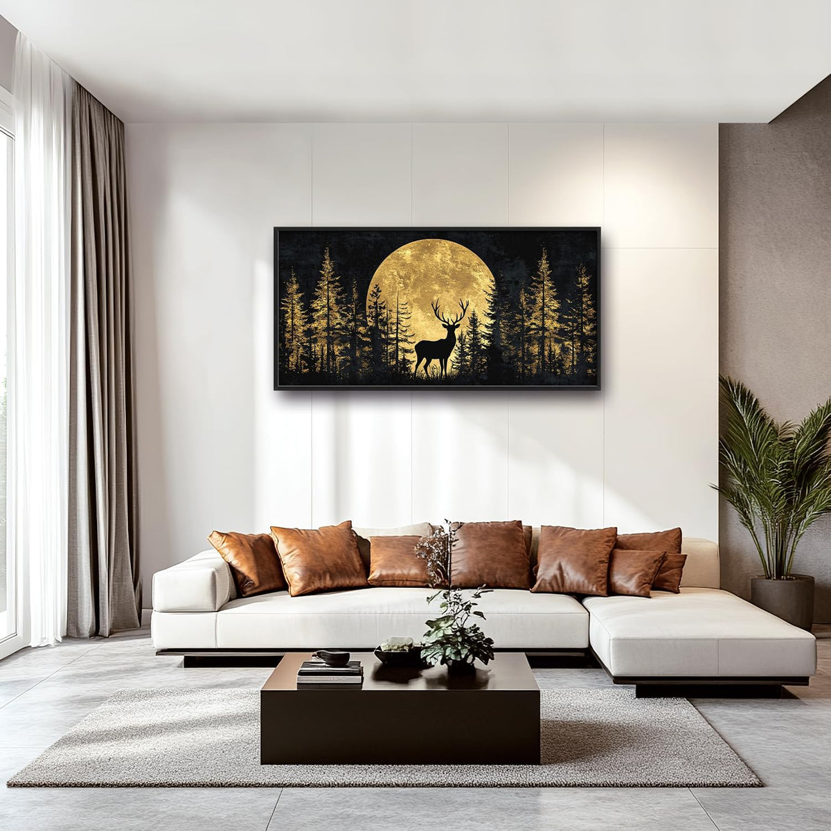 Large Moon Deer Forest Wall Art for Living Room, Black Gold Canvas Oversized Wall Decor, Elk Animal Framed Pictures Painting Print Artwork for Bedroom Office 60L" x 30W"