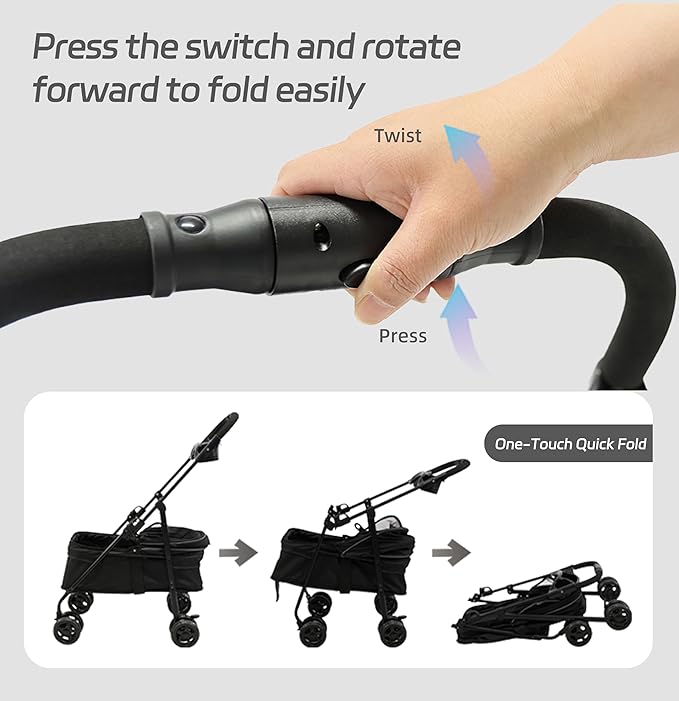 4 Wheels Pet Stroller,One-Click Folding Portable Folding Dog Cat Stroller,Sunshade, Storage Bag, Waterproof Oxford Fiber，Breathable and Visible Mesh for Small/Medium Pets up to 33 lbs,Black ﻿