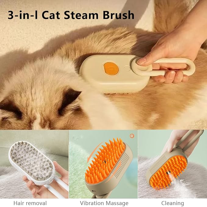 3 in 1 Cat Steam Brush, Pet Steam Cats Brushes Rechargeable Anti-Static Grooming Brushe, Vibration Massage Cleaning Shedding & Combing Multifunctional Hair Removal Comb for Cats Dog (White)