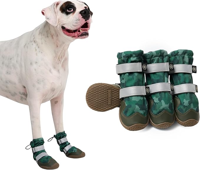 Spark Paws Dog Shoes, Waterproof Dog Boots for Medium to Large Dogs, Non Slip, Breathable Dog Booties and Paw Protectors - 4PCS Doggie Hiking Boots with Reflective Straps, Green Camo, Size 6