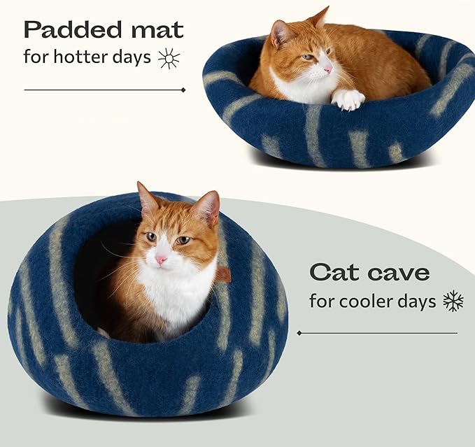 MEOWFIA Cat Cave – Premium Felt Cat Bed for Indoor Cats, Handmade 100% Merino Wool (Large, Deep Azure)
