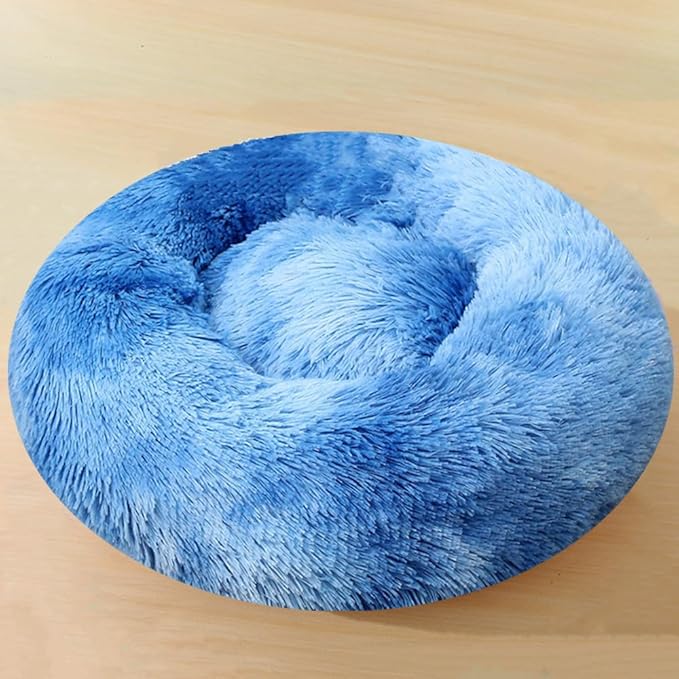 Calming Small Dog Bed & Cat Bed, 16 Inch Donut Fluffy Anti-Anxiety Round Bed Washable Cute Bed, Cuddler Warming Cozy Soft Bed, Plush Cushion Bed for Small Medium Dogs and Cats (Blue White)