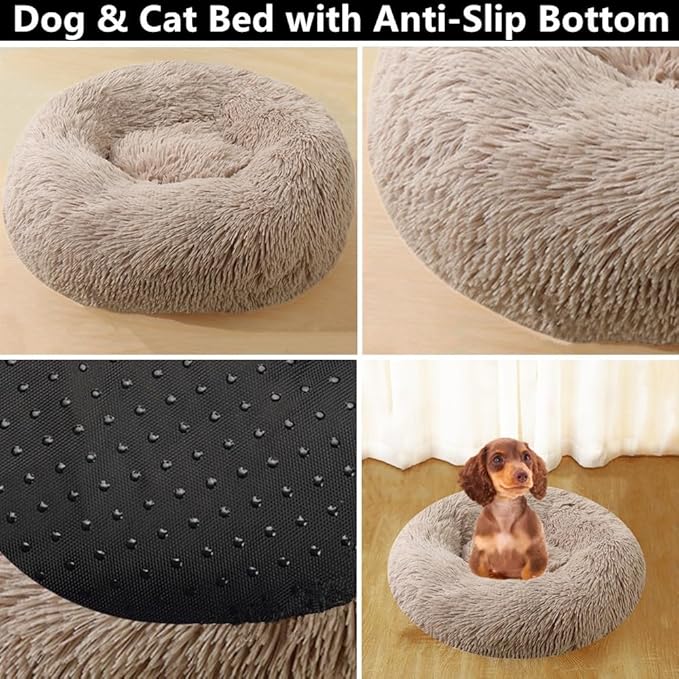 Calming Small Dog Bed Pink Cat Bed, 20 Inch Donut Fluffy Anti-Anxiety Round Bed Washable Cute Bed, Cuddler Warming Cozy Soft Bed, Plush Cushion Bed for Small Medium Dogs and Cats (Bright Pink)