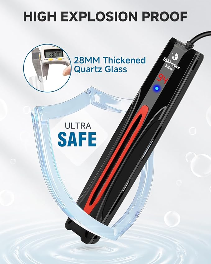 fishkeeper 500W Submersible Aquarium Heater for 65-120 Gal Fish Tanks (Run-Dry/Overheat/Low-Temp Protection)(Precision Electronic Smart Thermostat)(Adjustable Temperature) Ultra-Safe Fish Tank Heater