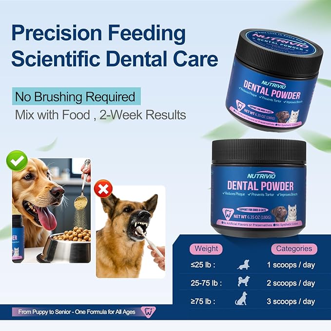 Dental Powder for Dogs & Cats - 5 Strains of Probiotics with 10B CFU, Natural Ingredients for Plaque & Tartar Control, Fresh Breath Oral Care,Safe for All Breeds & Ages Pets - 6.35oz(180g)
