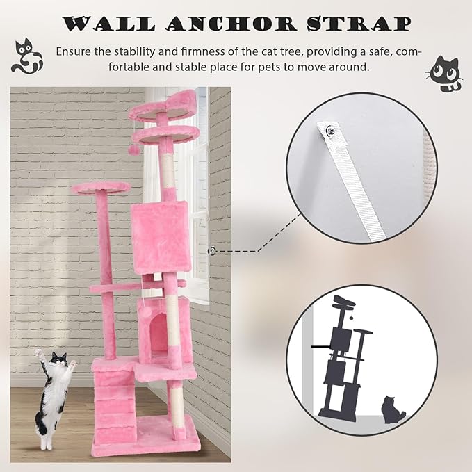 Heavy Duty Cat Tree Tower, 70" Tall Cat Tower for Indoor Cats with Cat Scratching Post with Bed, Cat Condo, Hanging Ball, Multi-Level Cat Climbing Tower Cat Trees Furniture Activity Center, Pink