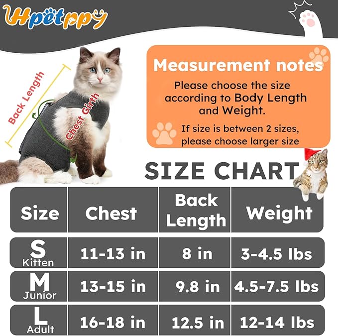 Cat Recovery Suit for Spay Abdominal Wounds, Kitten Onesie Bodysuit for Cats After Surgery, Cat Surgery Recovery Suit Female Cone of Shame Alternative for Cats Anti Licking (Dark Grey M)