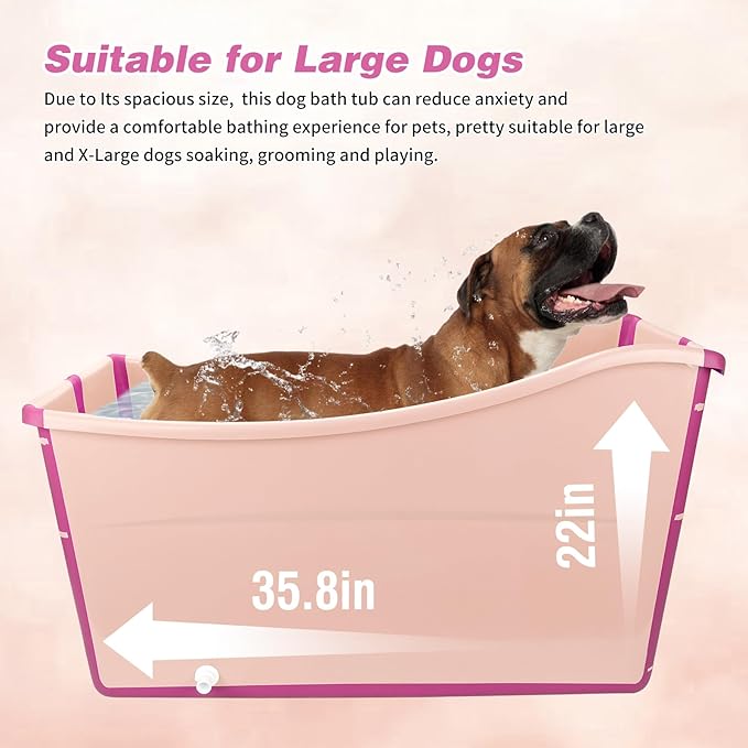 YUEPET Extra Large Foldable Dog Bath Tub for Large Dogs, 49 Gal Portable Dog Bathtub Lightweight Hightened Pet Wash Station with Drain Plug for Big Dogs Indoor/Outdoor Bathing, Camping (Pink)