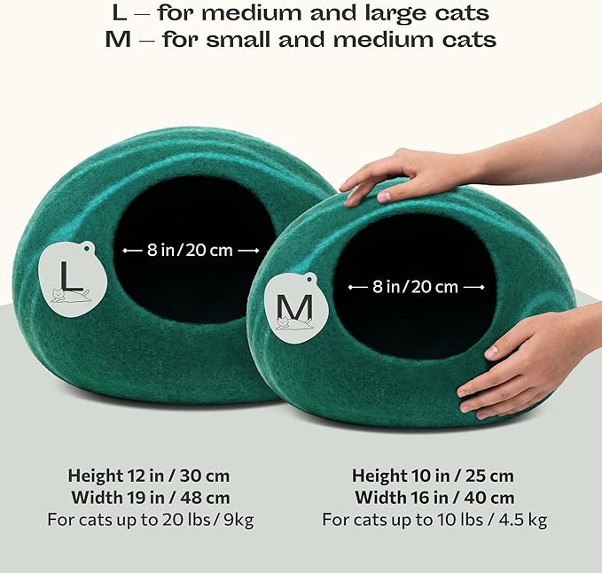 MEOWFIA Cat Cave – Premium Felt Cat Bed for Indoor Cats, Handmade 100% Merino Wool (Large, Emerald)