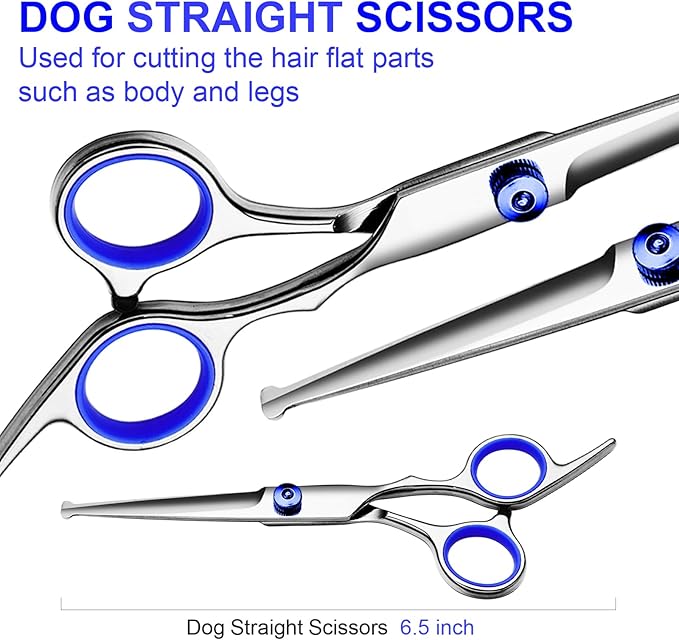 Professional Dog Grooming Scissors Kit, Titanium Coated Dog Scissors for Grooming, Grooming Shears Kit - Straight,Thinning, Curved Scissors and Comb for Dog Cat Pet (Blue 5 in 1)