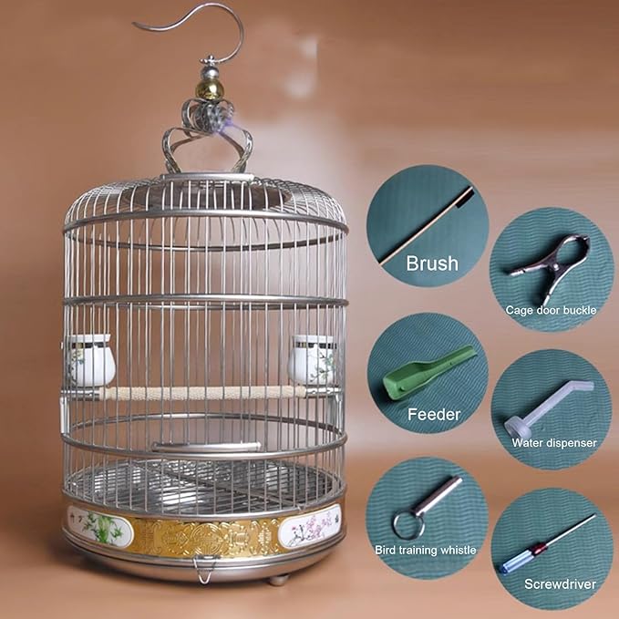 Portable Hanging Bird Cage, Stainless Steel Travel Cage for Canaries, Parakeets & Small Birds with Wooden Pole & Ceramic Cup, for Pet Starlings