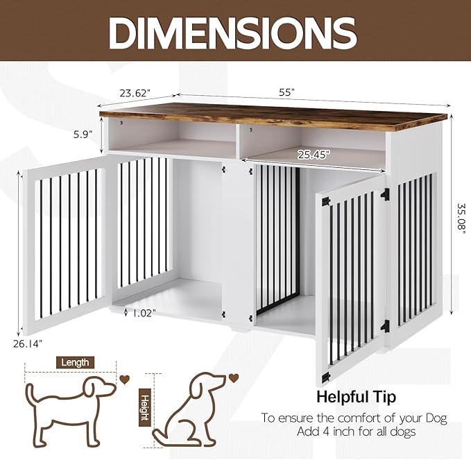 Dog Crate Furniture for 2 Dogs, 55 Inch Dog Crate Indoor with Removable Divider and Shelf Storage, Wooden Dog Crates for Medium/Large Dogs, White