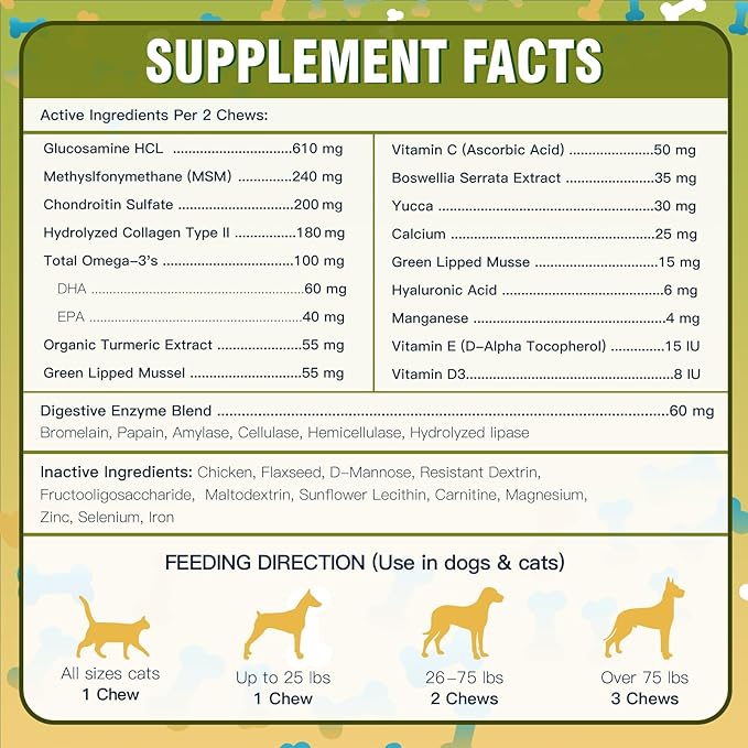 Glucosamine for Dogs, Hip and Joint Supplement for Dogs with Chicken Flavor, Anti Inflammatory, Dog's Chondroitin, Digestive Enzymes, Omega-3, Vitamin D, MSM, Calcium, Turmeric, 120 Freeze-Dried Chews
