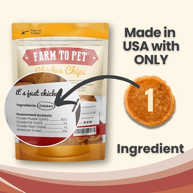 Farm To Pet - Dog Training Treats - Chicken Chips, Single Ingredient - 12 oz, Lean, All Natural, Healthy Dog Treats for Small, Medium, Large Breeds, & Puppies, Made in USA