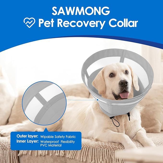 SAWMONG Soft Dog Cone for Large Dogs, Adjustable Pet Recovery Collar to Stop Licking, Comfy Elizabeth E-Collar for Dogs After Surgery Alternative (XL,Grey)